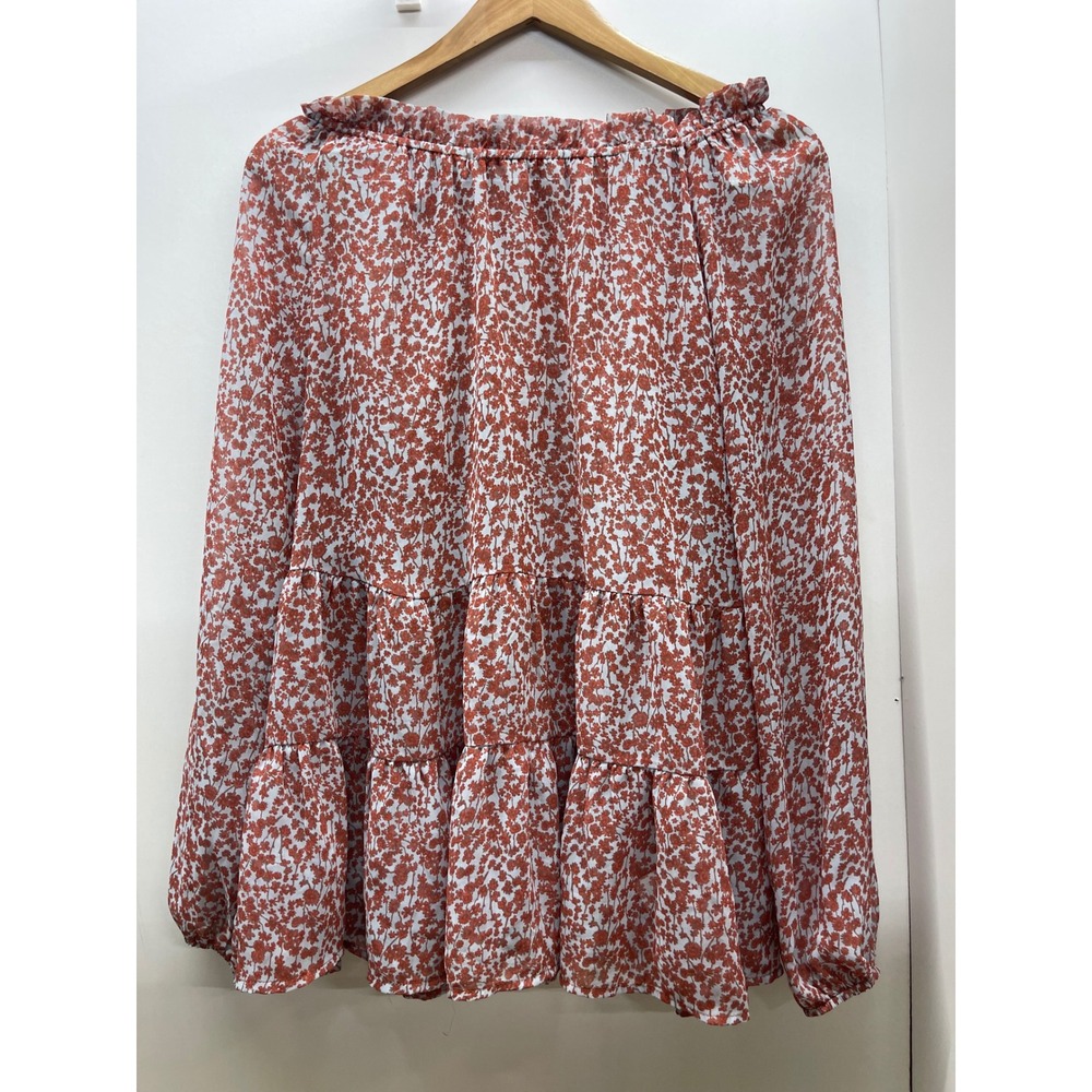 Ces Femme Floral Off The Shoulder Tiered Ruffle Blouse Red White Large USA Made